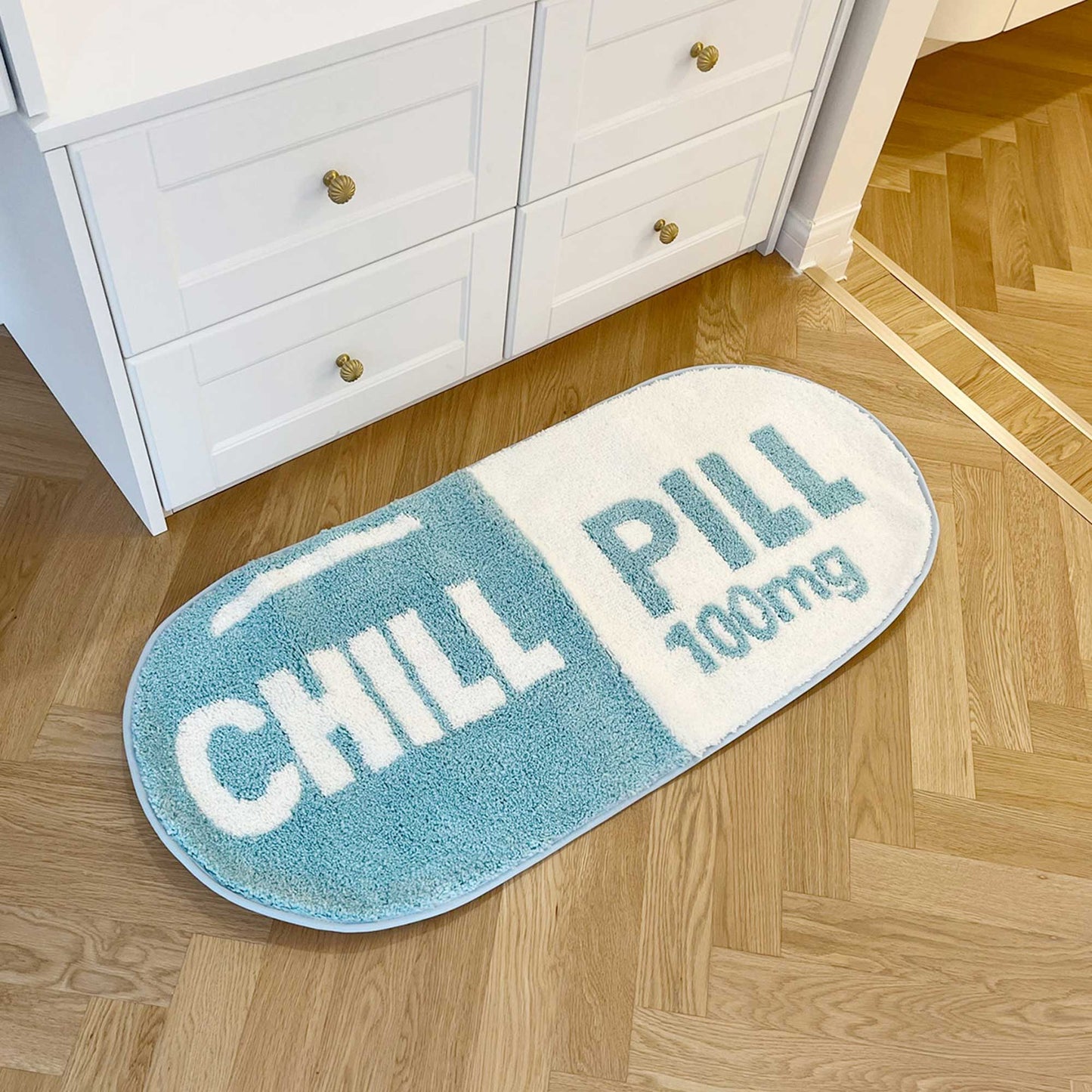 Tufted Rug Blue Chill Pill Rug in a Bedroom
