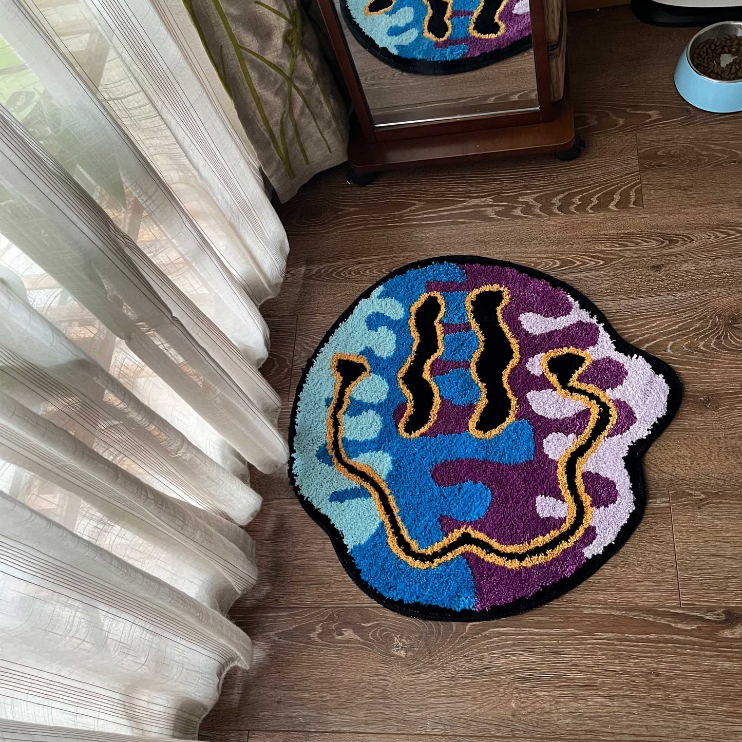 Tufted Rug Trippy Smiley Face Rug Front in a Bedroom