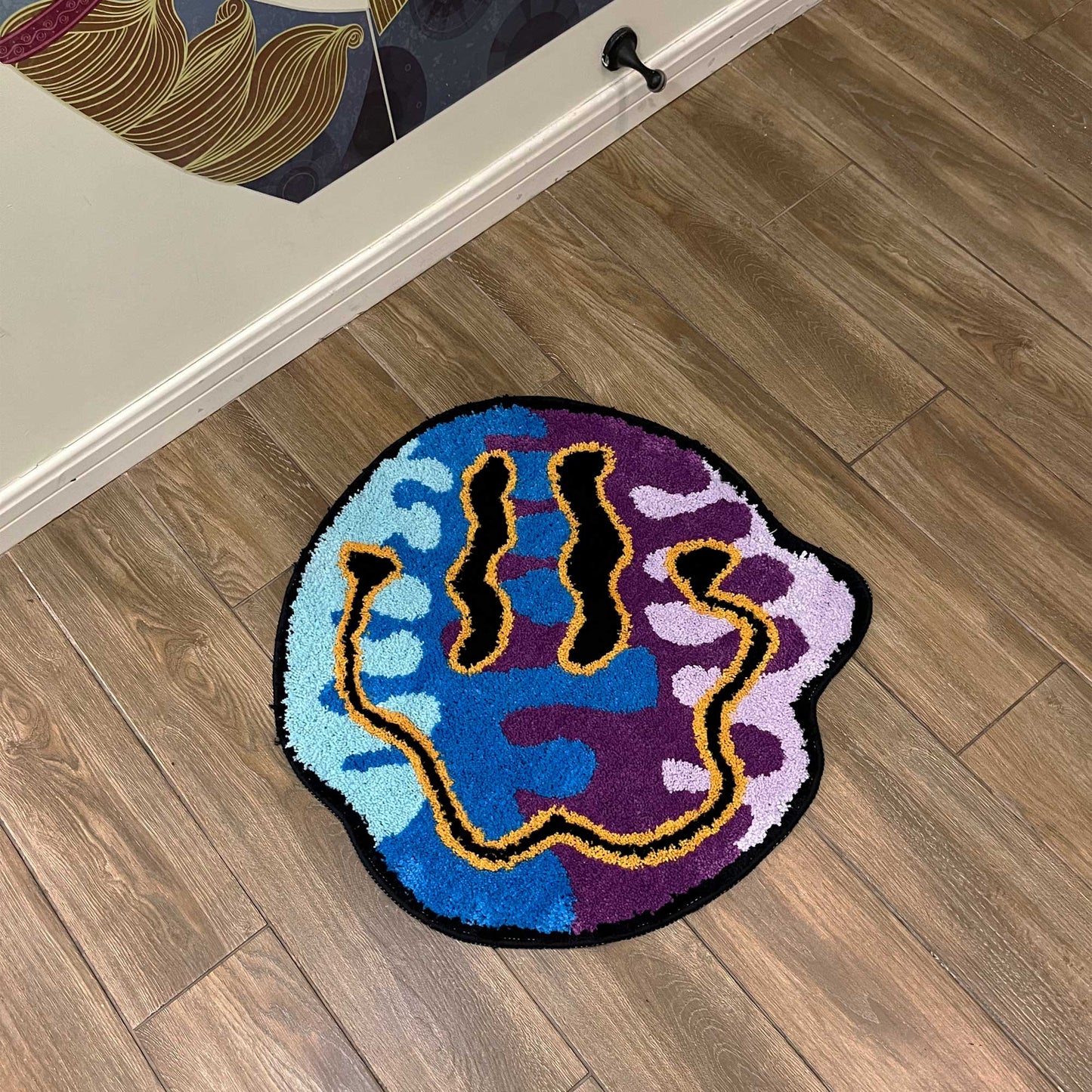 Tufted Rug Trippy Smiley Face Rug Front in a Living Room