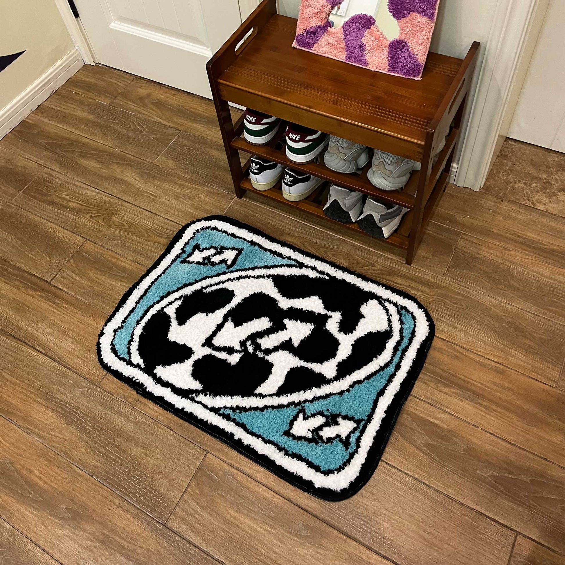 Tufted Rug Blue UNO Reverse Card Rug in front of Shoe Rack