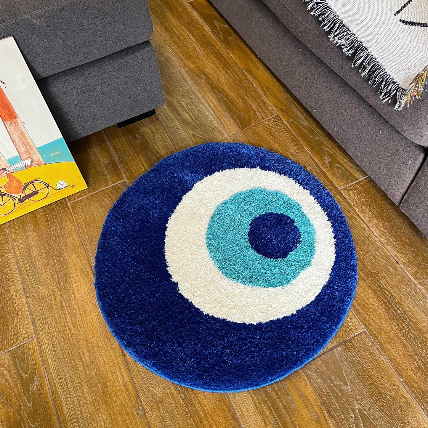 Tufted Rug Blue Evil Eye Rug in a Living Room