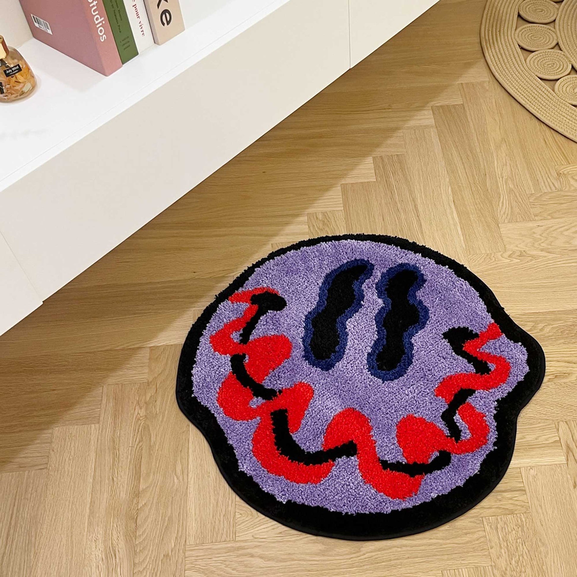 Tufted Rug Loopy Smiley Face Rug Front in a Living Room