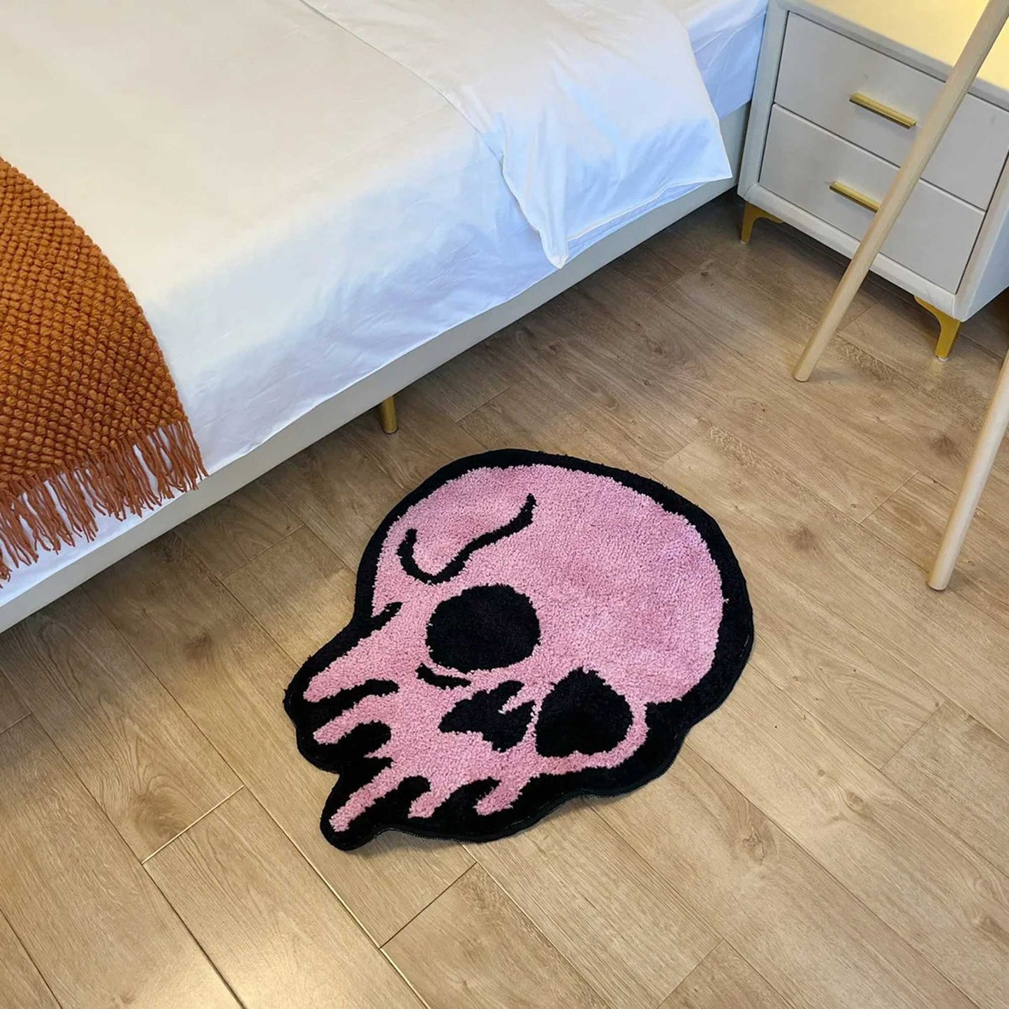 Tufted Rug Pink Melting Skull Rug in Bedroom