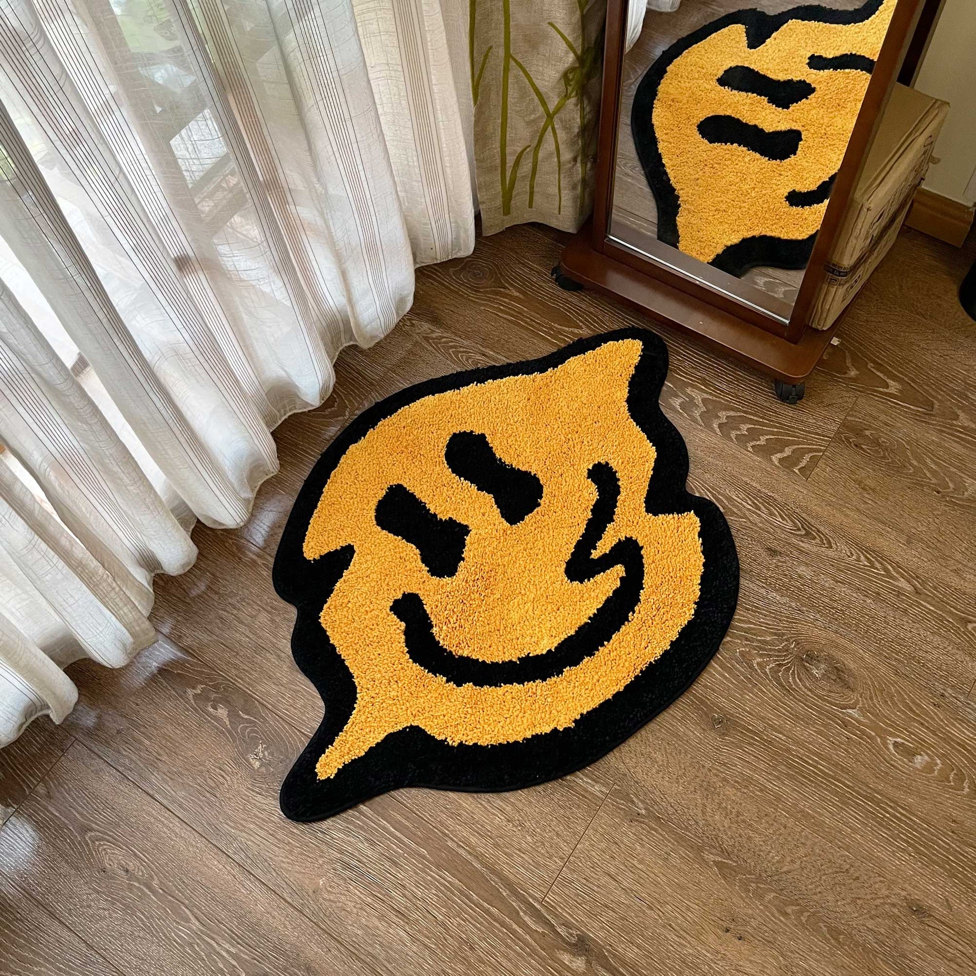 Tufted Rug Melting Yellow Smiley Face Rug in a Bedroom