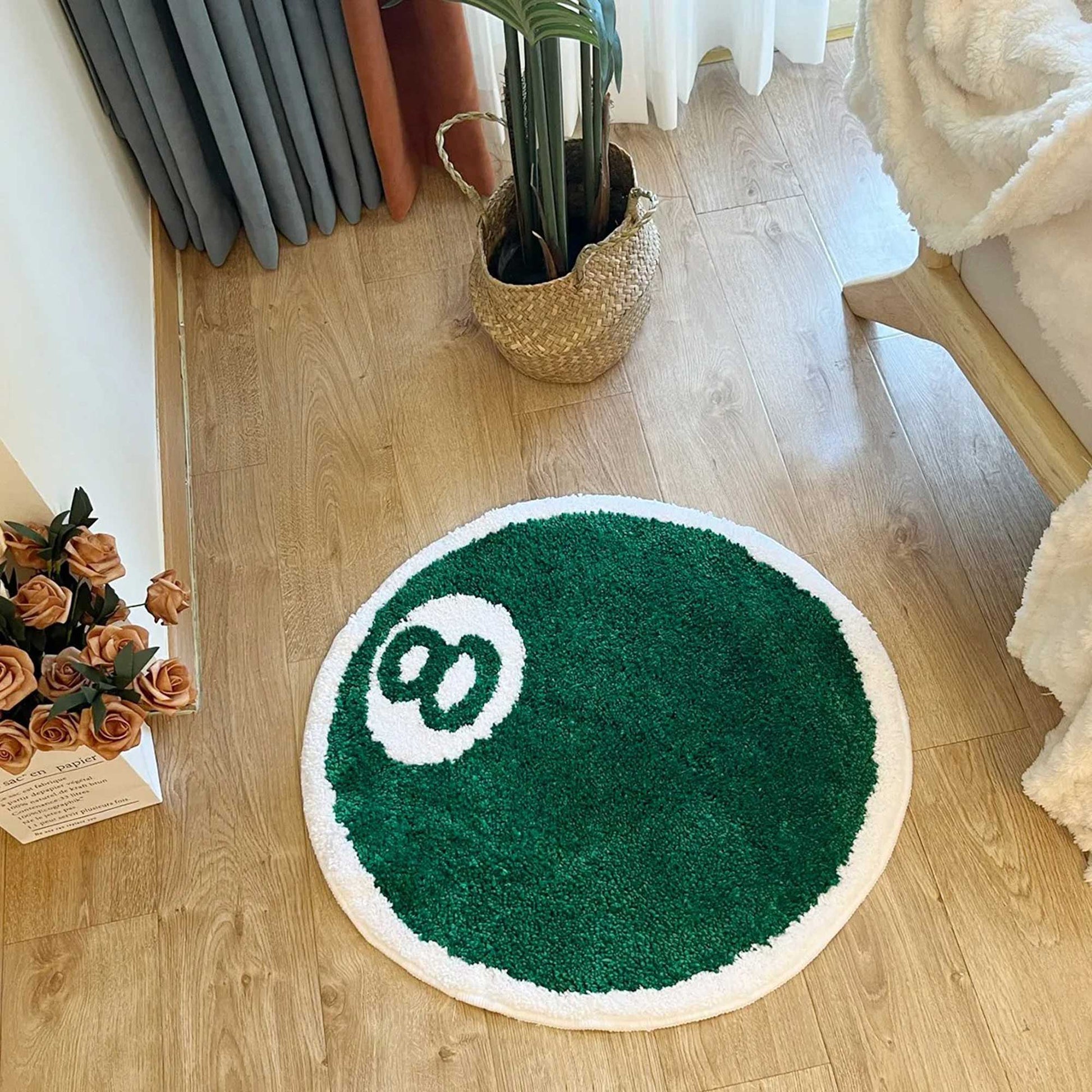 Tufted Rug Stussy Green 8 Ball Rug in Living Room