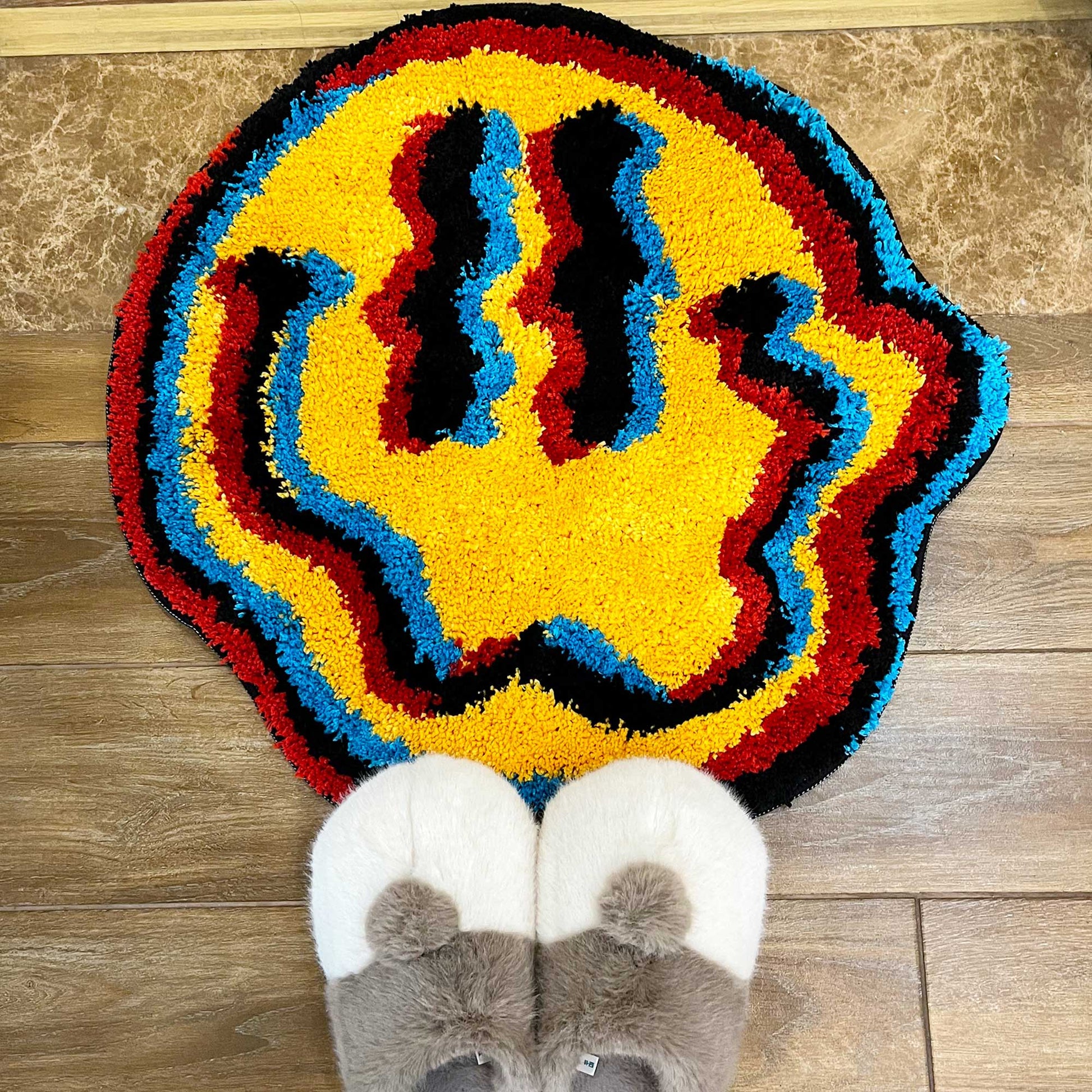 Tufted Rug LSD Trippy Smiley Face Rug Front in an Entryway