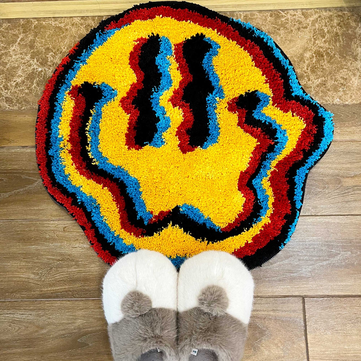 Tufted Rug LSD Trippy Smiley Face Rug Front in an Entryway