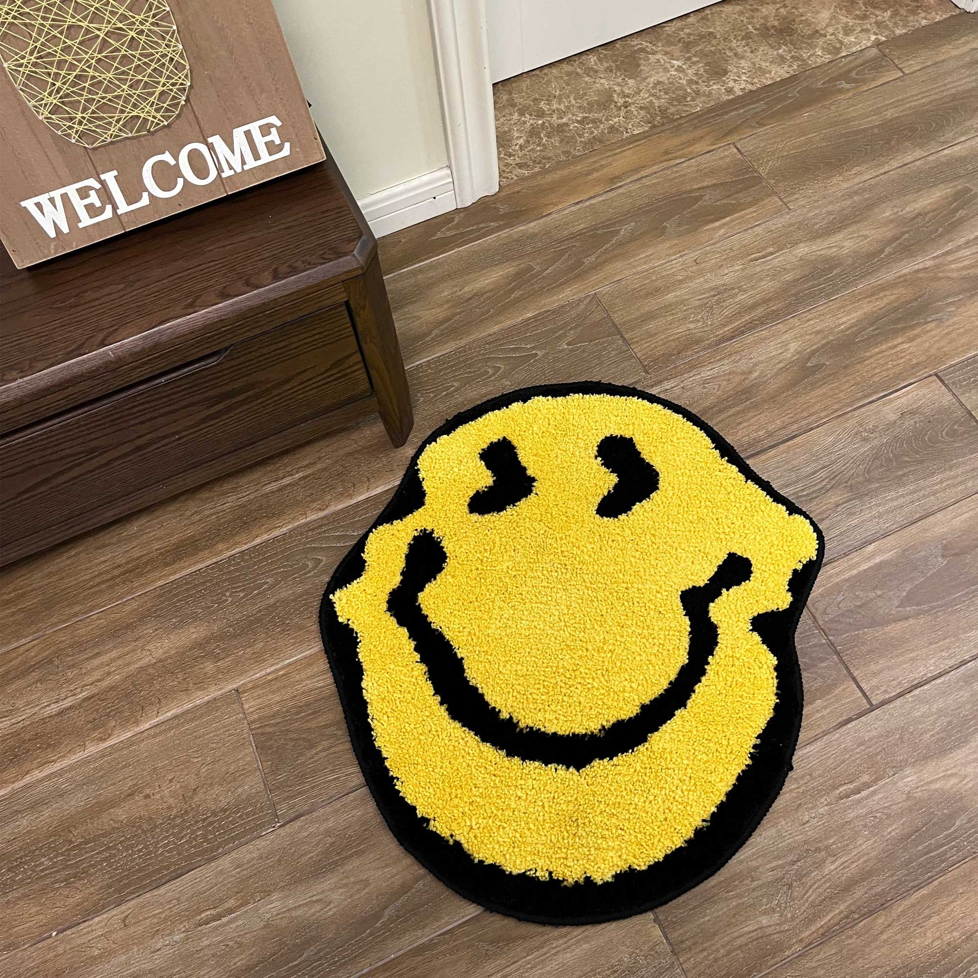 Tufted Rug Yellow Wavy Smiley Face Rug Front in a Living Room